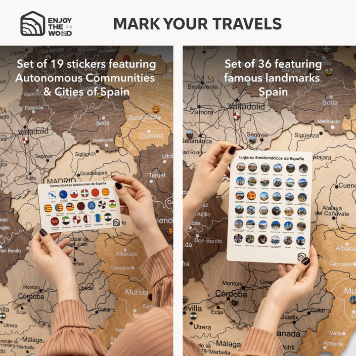 Wooden Spain map with sets of multicolor landmark stickers for decoration