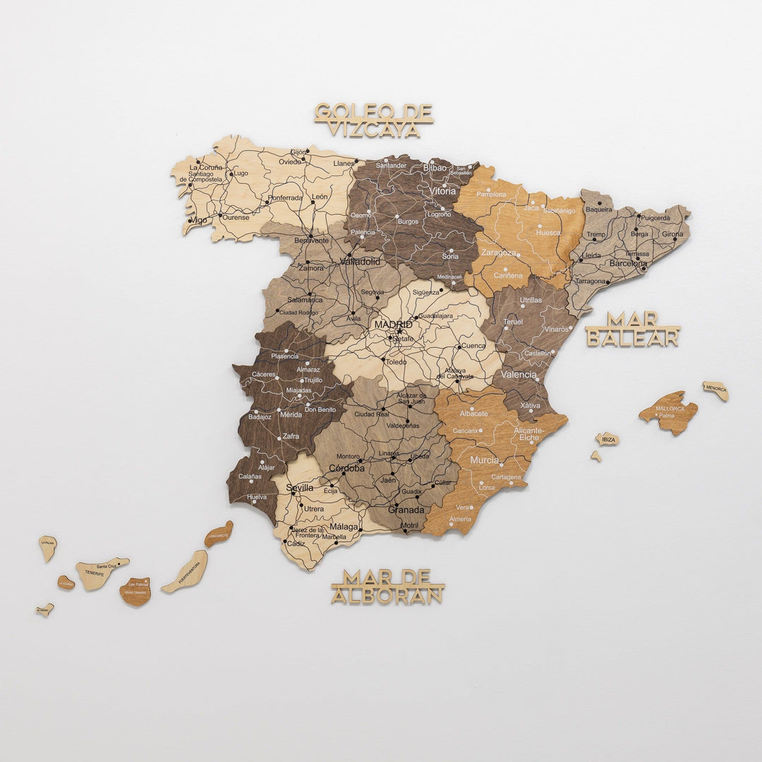 Wooden Spain wall map set with small island pieces for display