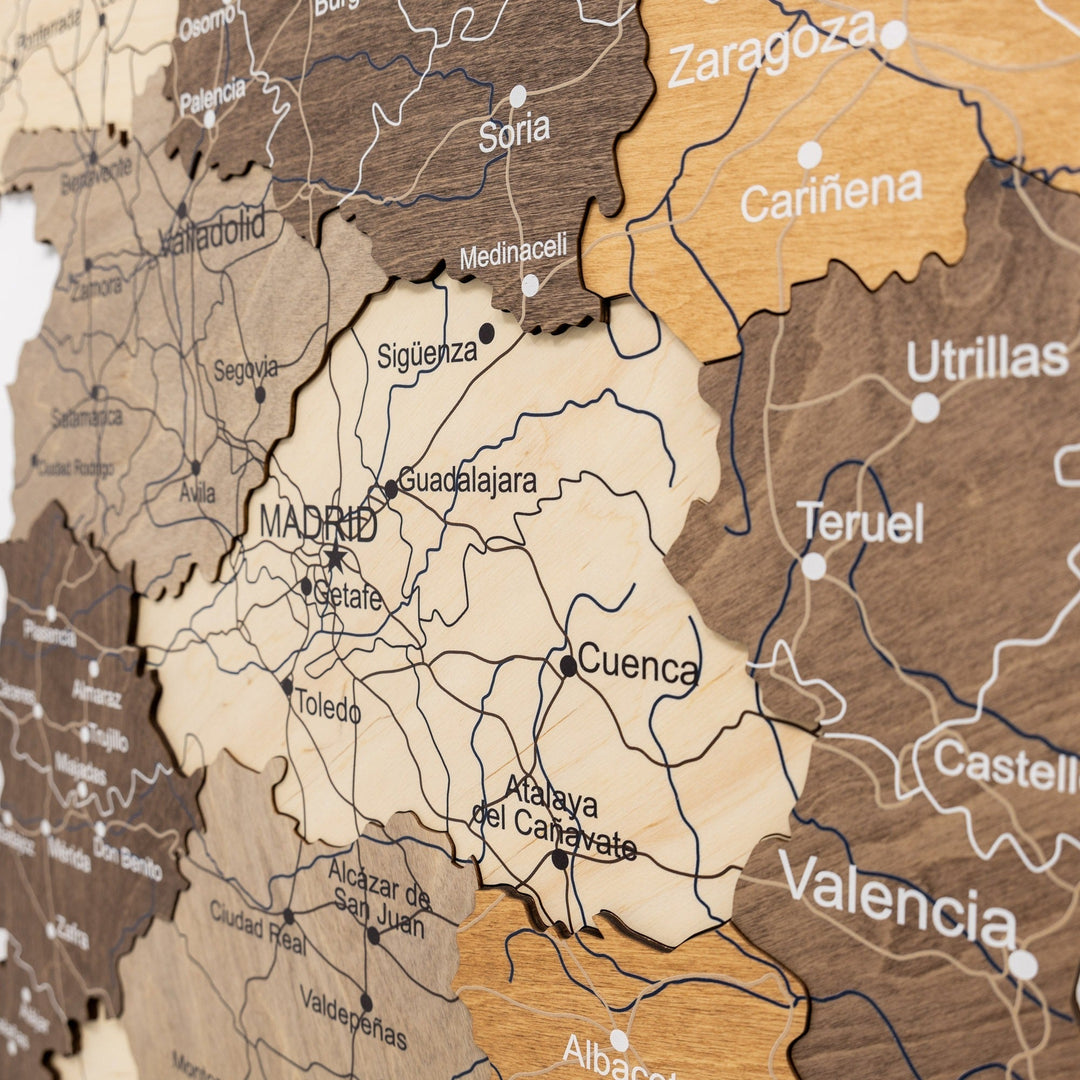 Multicolor wooden Spain wall map with labeled regions and city names
