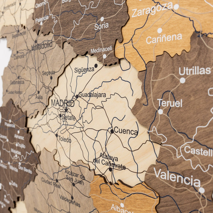 Multicolor wooden Spain wall map with labeled regions and city names