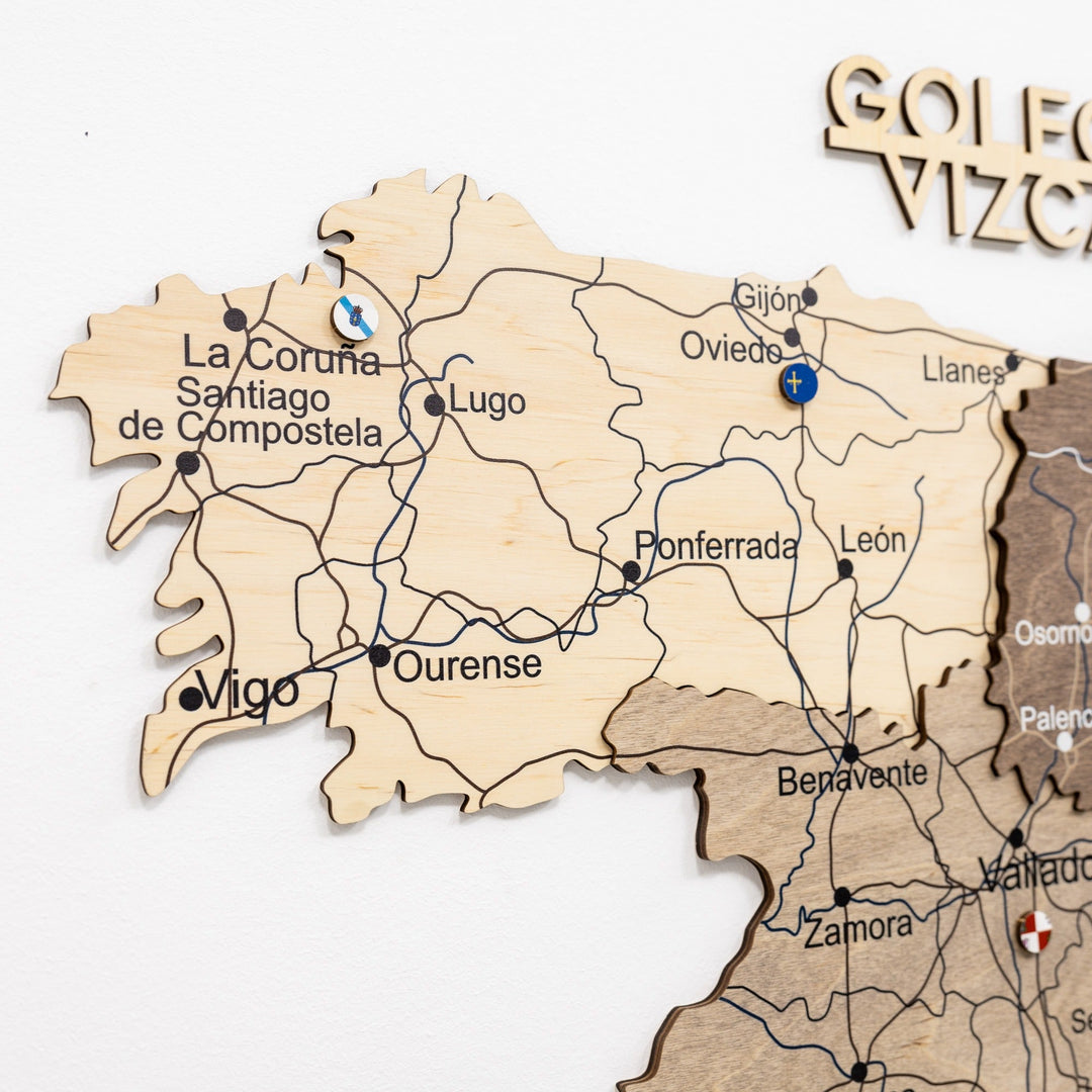 Wooden Spain wall map close-up with city labels and raised borders