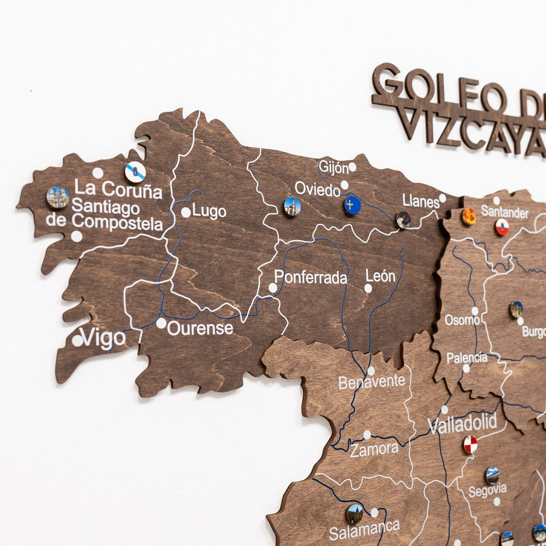 Dark walnut wooden Spain map section with Galicia and Asturias labels