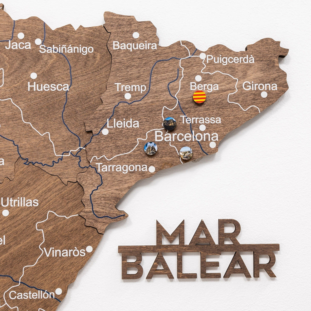 Dark walnut Spain wooden map detail with roads, borders, and Mar Balear text