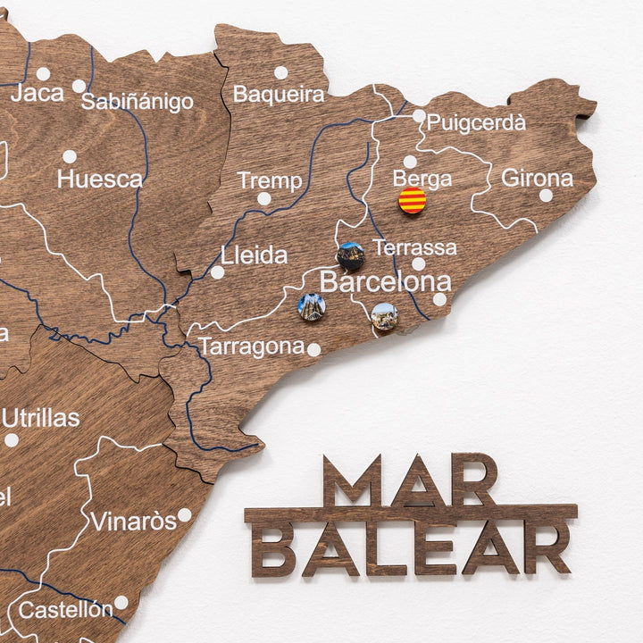 Dark walnut Spain wooden map detail with roads, borders, and Mar Balear text