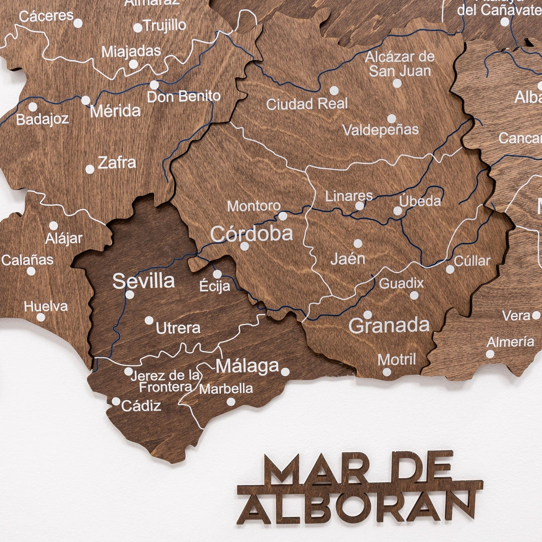 Dark walnut Spain wooden map close-up of southern regions with coastline label