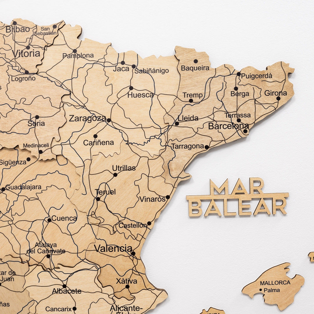 Gold wooden Spain map with city names, road lines, and Baleares marker pieces