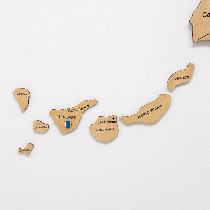 Wooden island pieces for Canary Islands in light wood, with small town labels