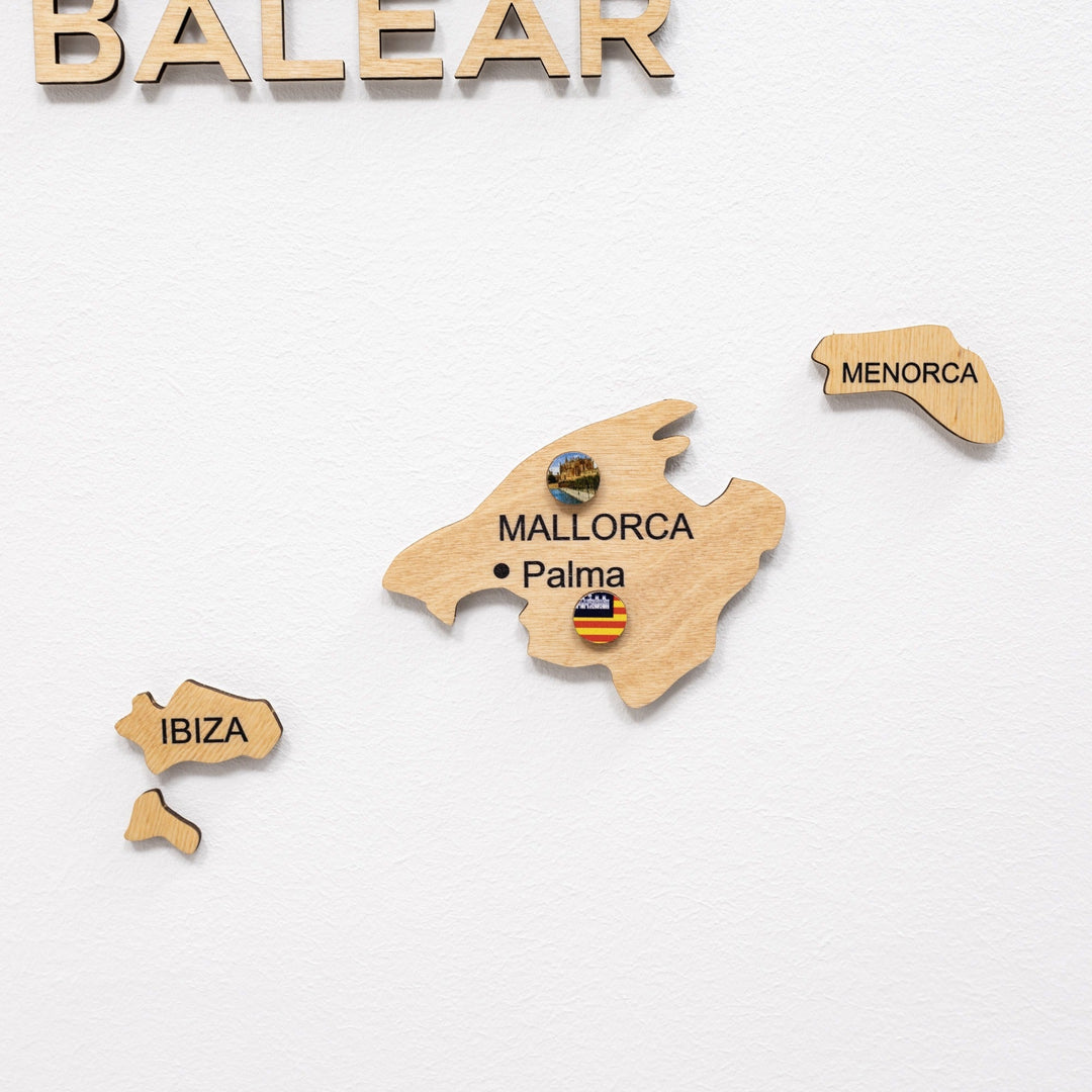 Wooden Balearic Islands map pieces with labels for Mallorca, Menorca, and Ibiza.