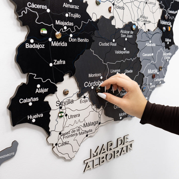 Wooden map of Spain wall decor with labeled regions and roads