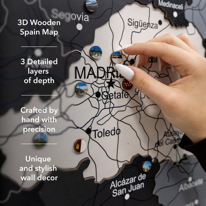 3D wooden Spain map with layered depth and small location stickers