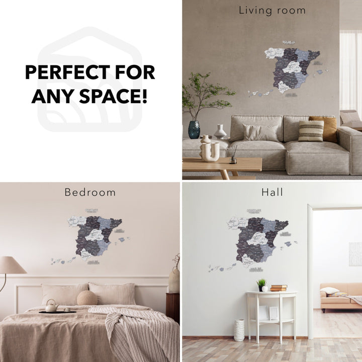 Wooden Spain map decor displayed in living room and bedroom settings