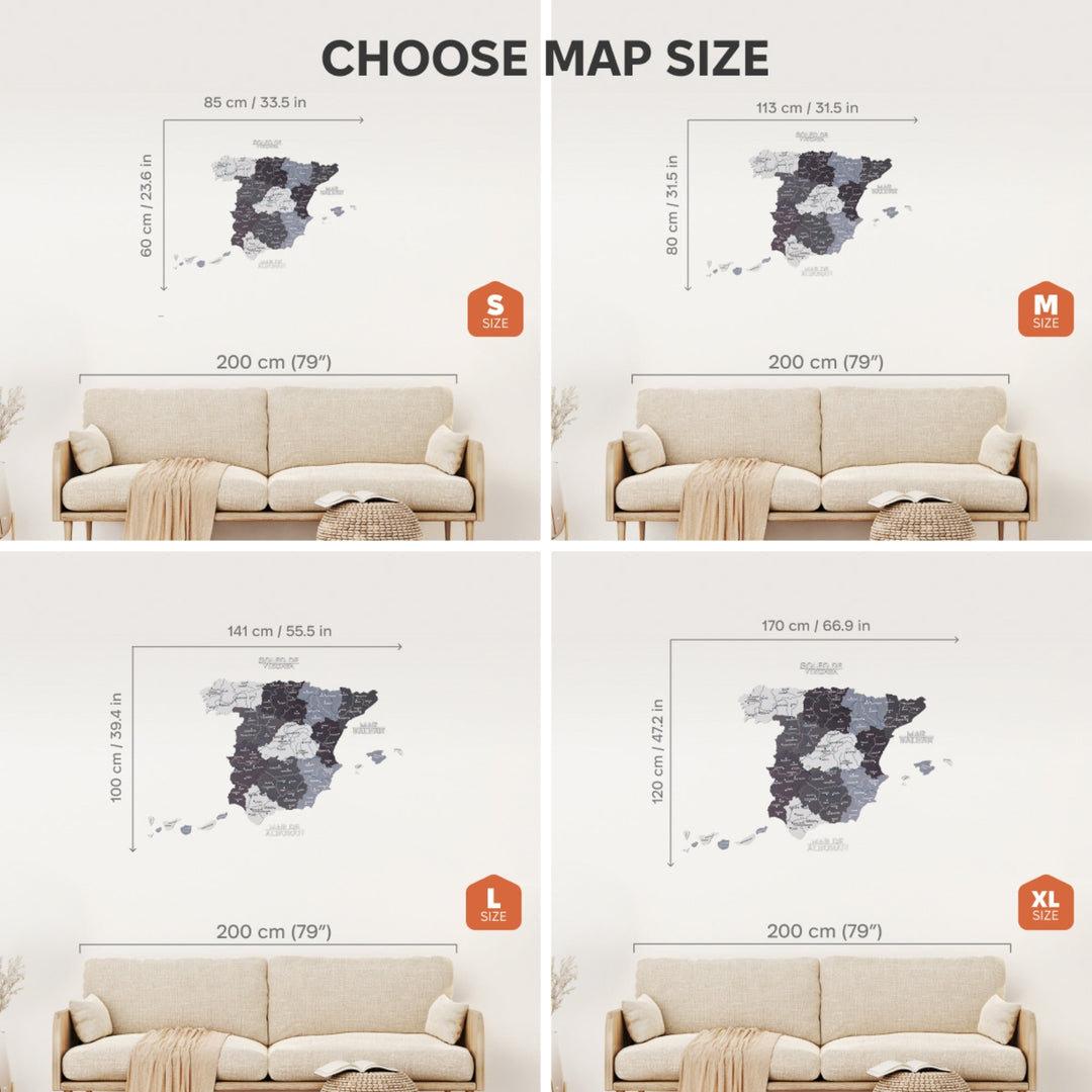 Wooden map of Spain wall decor with dark regional outlines, size comparison layout