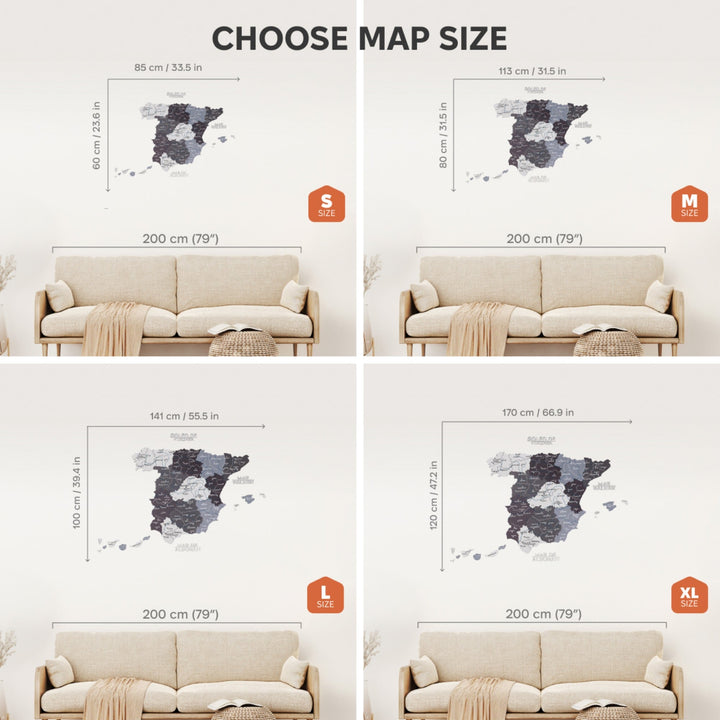 Wooden map of Spain wall decor with dark regional outlines, size comparison layout
