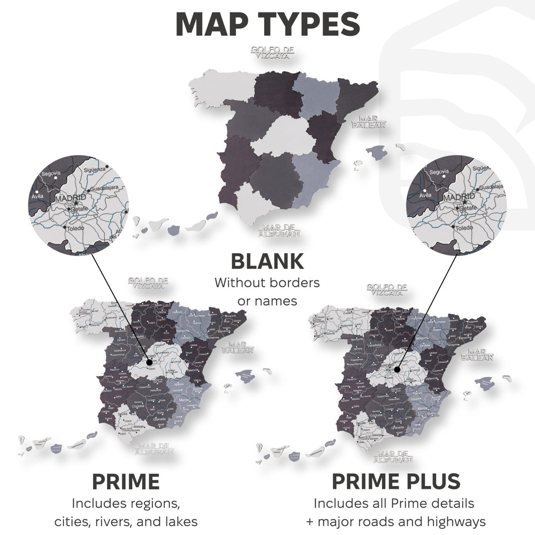 Wooden Spain map styles chart: blank, Prime, and Prime Plus