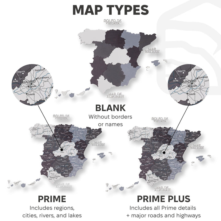 Wooden Spain map styles chart: blank, Prime, and Prime Plus