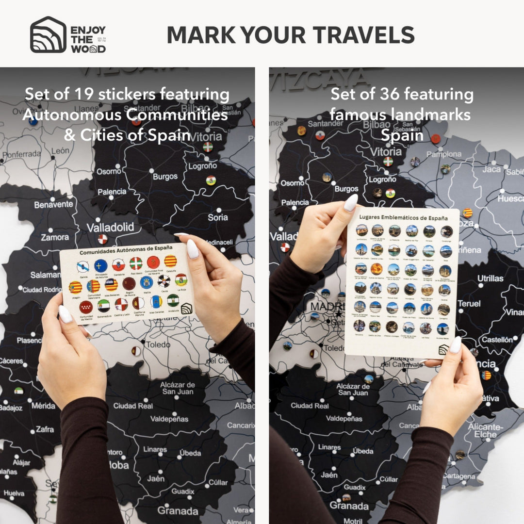 Spain map sticker set with community icons and landmark badges