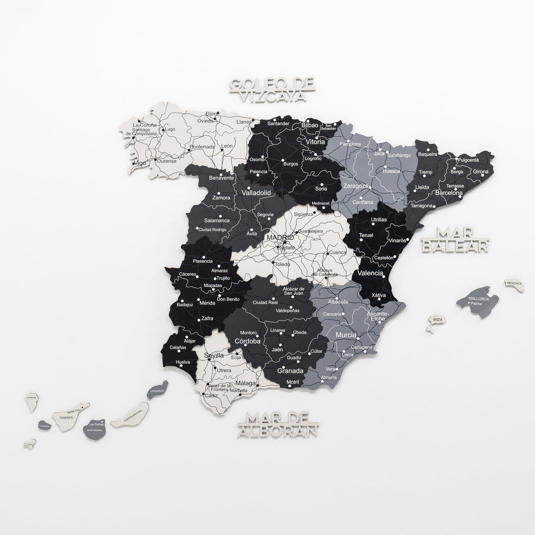 Wooden Spain wall map with regions, roads, and city labels