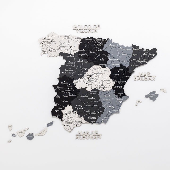 Wooden Spain wall map with regions, roads, and city labels