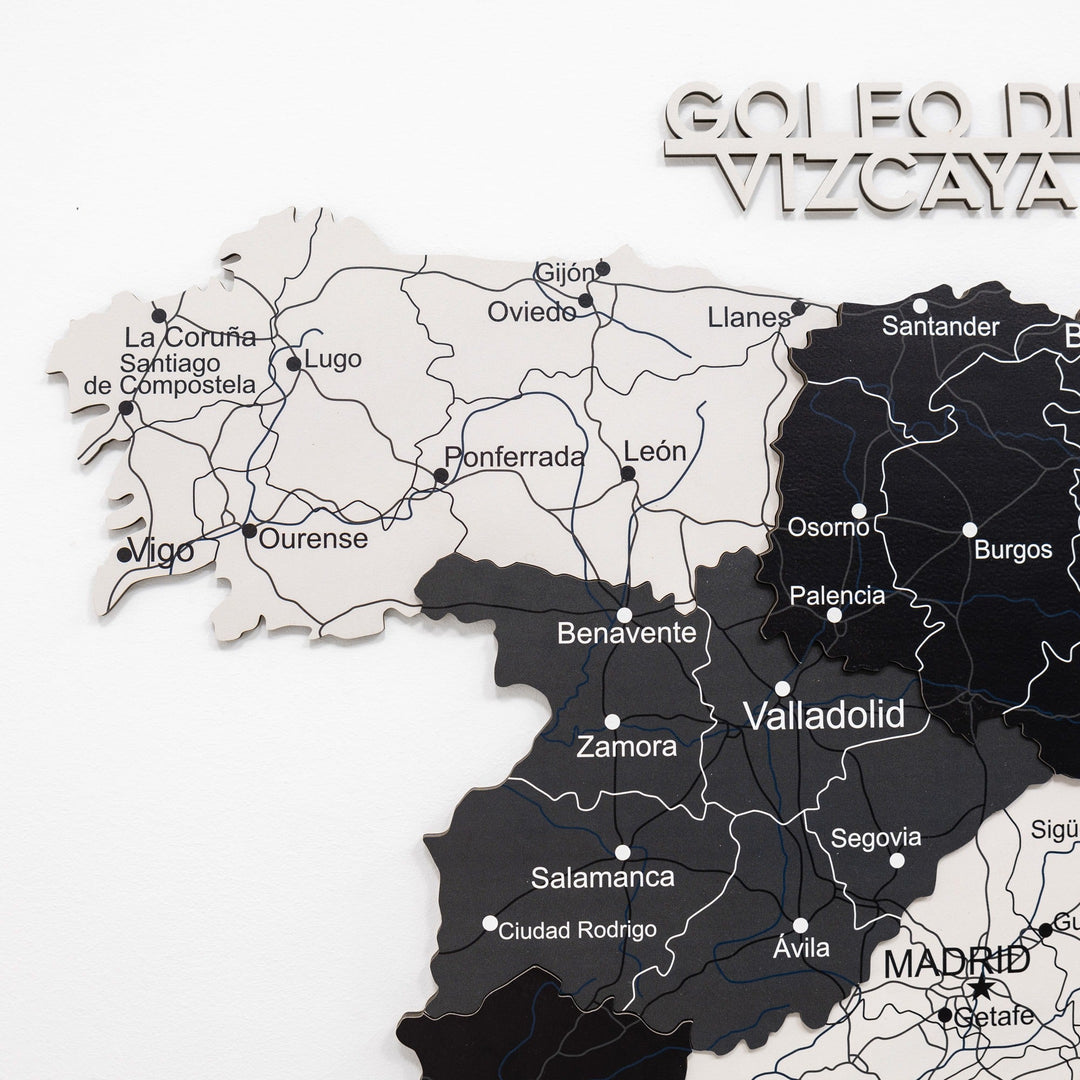Wooden Spain wall map segment with labeled regions and road lines