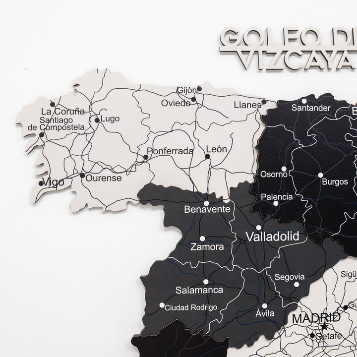 Wooden Spain wall map segment with labeled regions and road lines