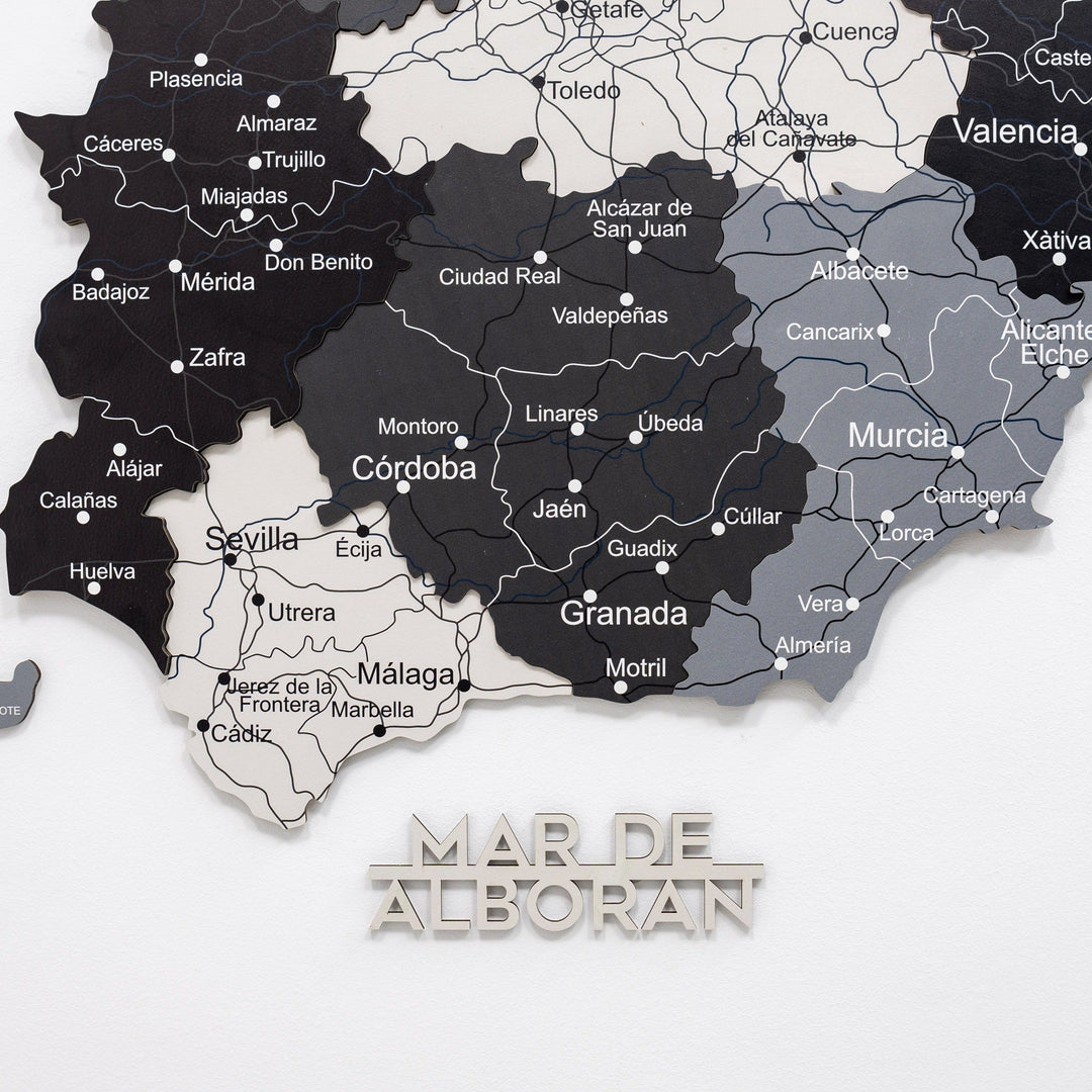 Wooden Spain wall map with labeled regions and Mediterranean title