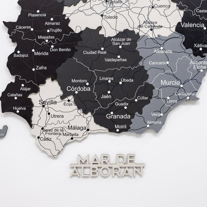 Wooden Spain wall map with labeled regions and Mediterranean title