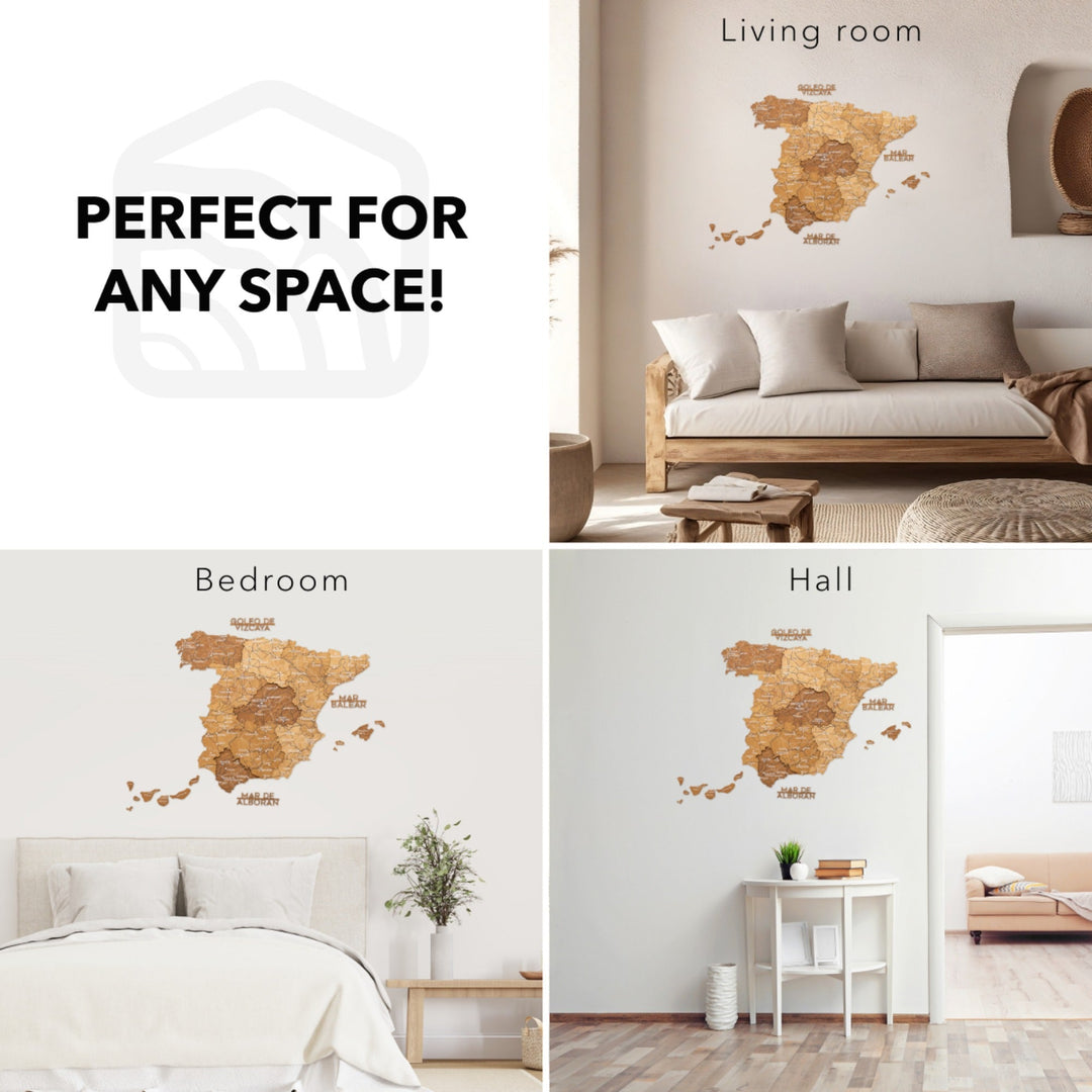 Wooden Spain map wall decor styled in a living room above a sofa