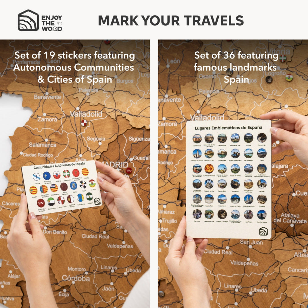 Oak wooden Spain map with sticker sheets for cities and landmarks, hands applying decals