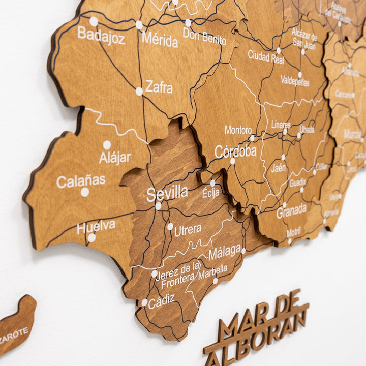 Oak wooden Spain map segment with engraved city labels and route lines
