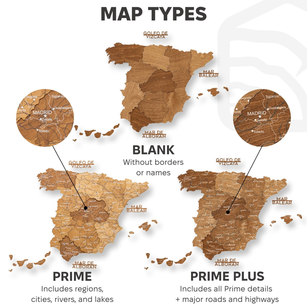Wooden Spain map styles set showing blank, prime, and prime plus name and border options