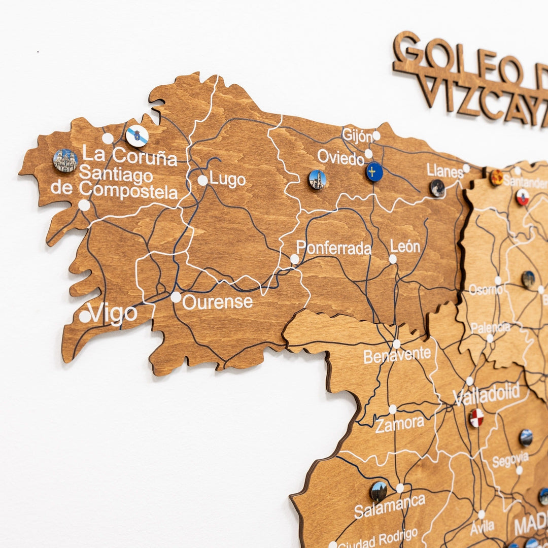Oak wooden Spain map wall decor with engraved regional boundaries and city names