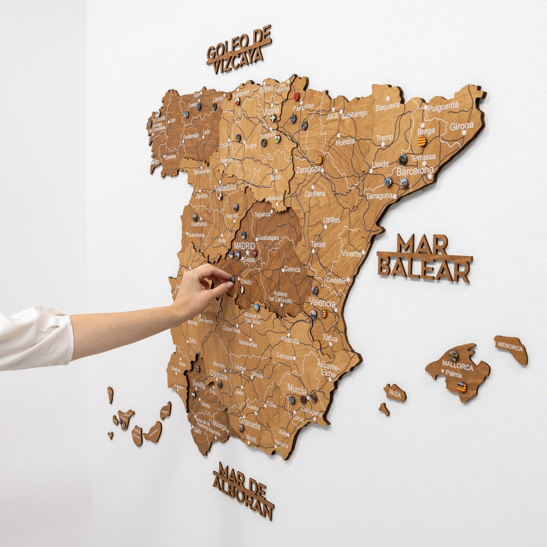 3D oak Spain wooden wall map with layered relief and decorative emblem pieces