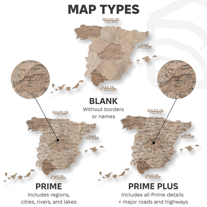 Wooden Spain map style chart showing blank, prime, and prime plus details