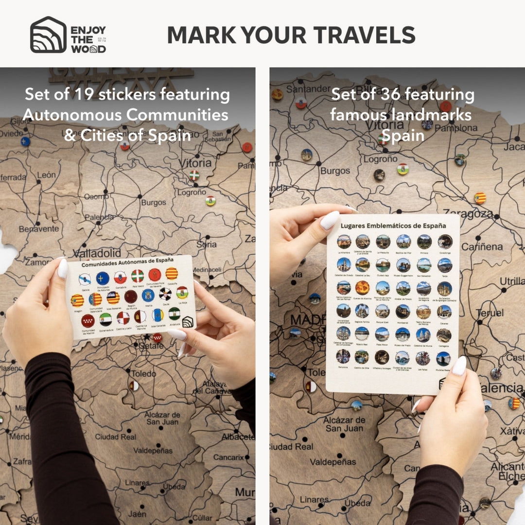 Sticker set for Spain with map view and icons for communities and cities