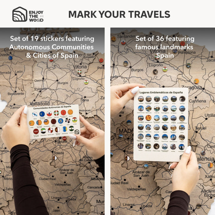 Sticker set for Spain with map view and icons for communities and cities