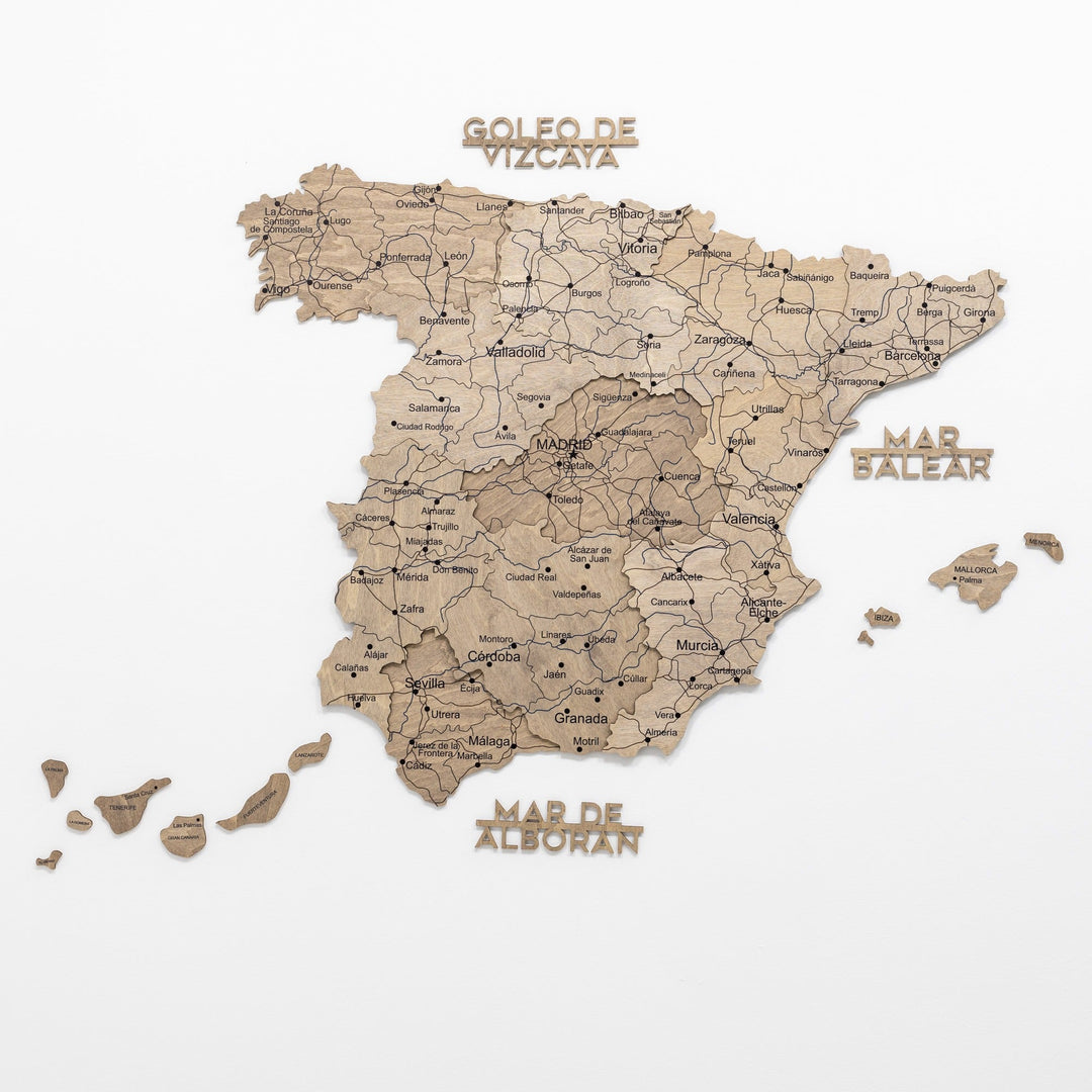 Wooden Spain map wall decor with engraved region lines and labeled coast