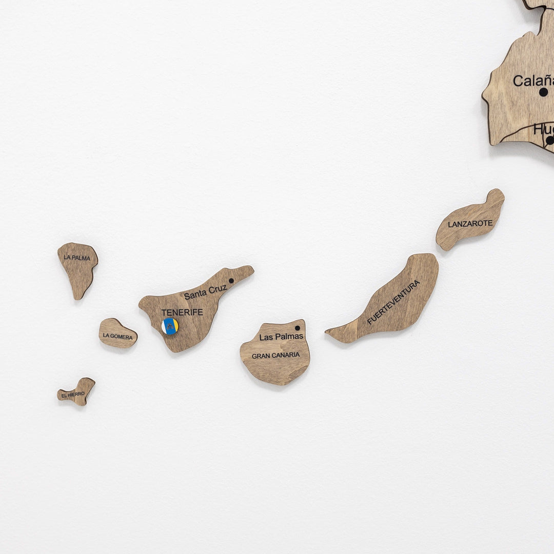Wooden Spain map wall decor pieces with named islands, cutout shapes