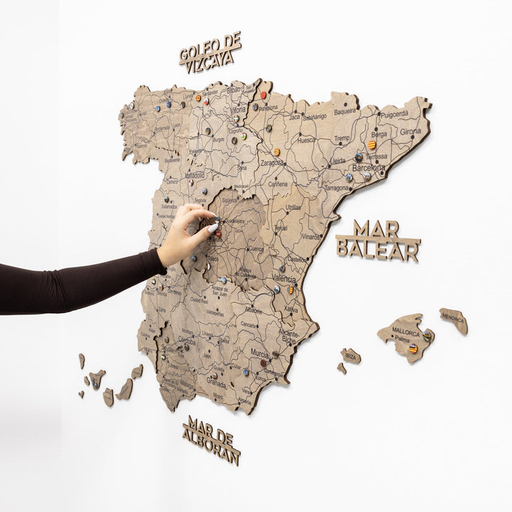 Wooden Spain map wall decor with detailed engraved borders and city labels