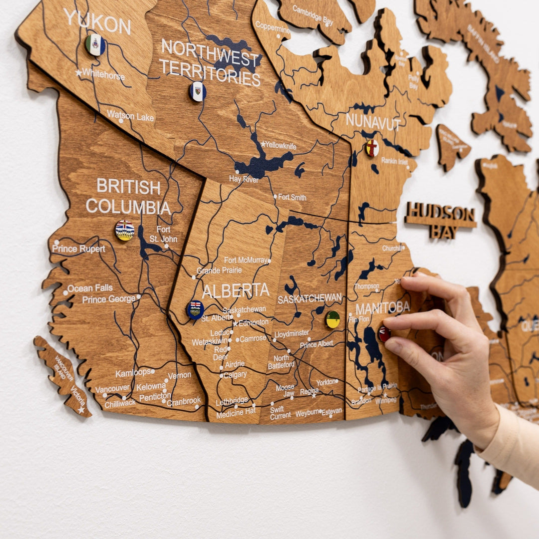 3D wooden Canada wall map with engraved borders, province names, and blue water inlays