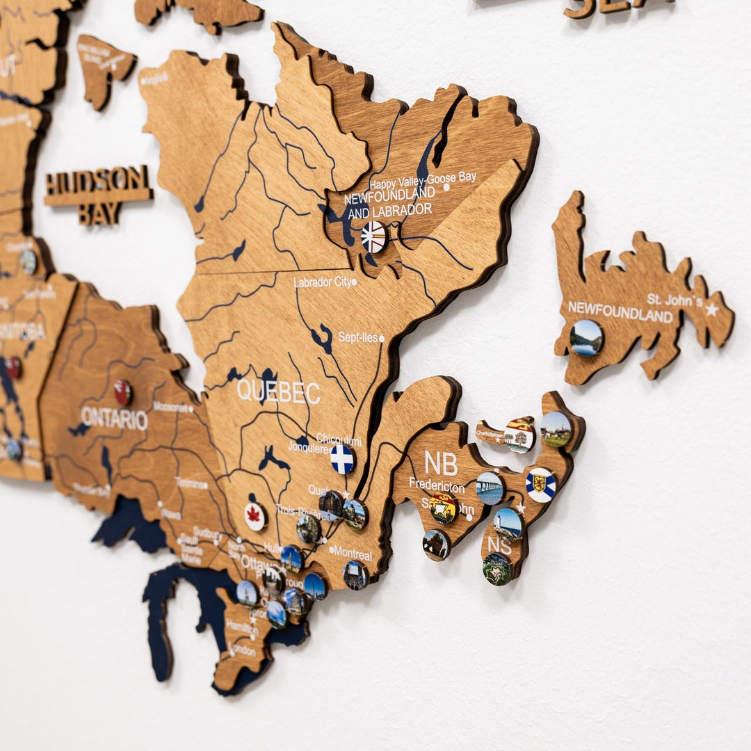 Oak-wood 3D Canada map wall decor with raised borders, bays, and small cutout islands