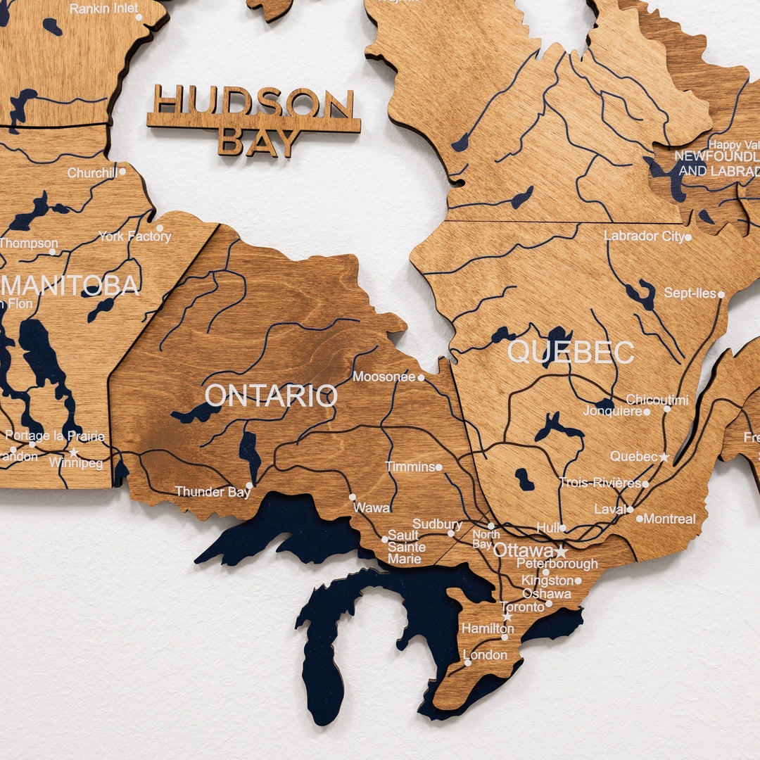Oak-wood 3D Canada map wall decor with raised province labels and river/route lines