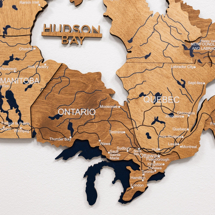 Oak-wood 3D Canada map wall decor with raised province labels and river/route lines