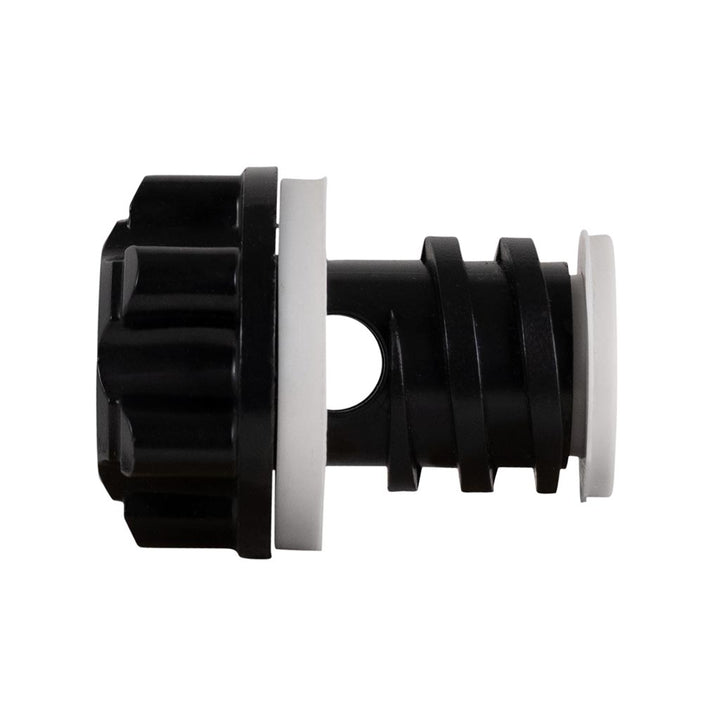 Replacement hard cooler plug, side view of black threaded connector and white ring