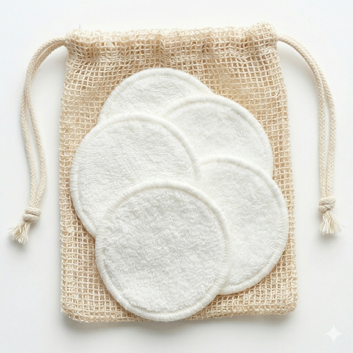 White reusable facial round pads stacked inside a drawstring mesh bag