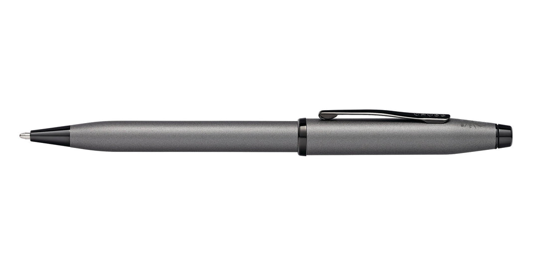 Gunmetal gray ballpoint pen side view with clip and black end cap