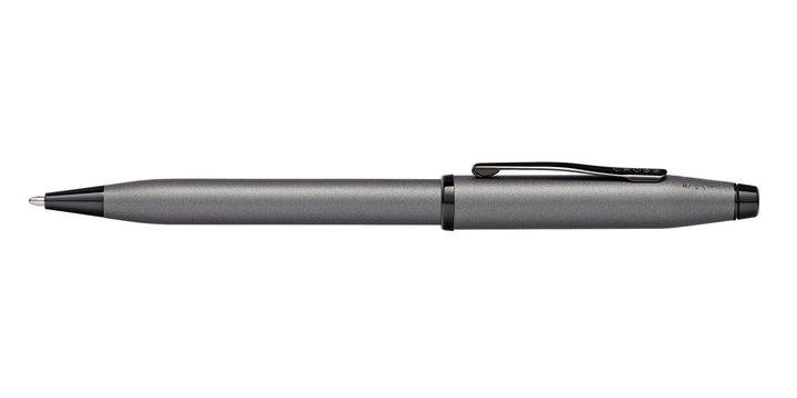 Gunmetal gray ballpoint pen side view with clip and black end cap