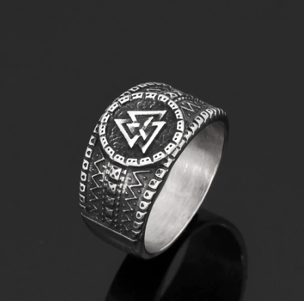 Viking Valknut stainless steel ring with engraved circular emblem and geometric pattern