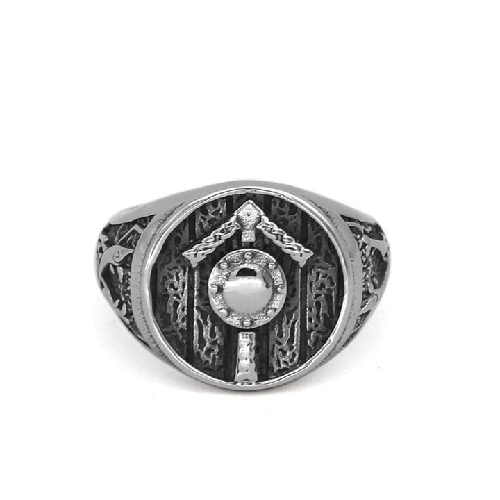 Stainless steel Tiwaz rune signet ring with raised oval crest and engraved band