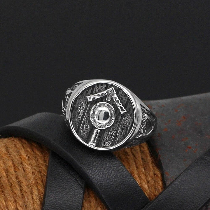 Stainless steel Tiwaz rune signet ring, oval shield face with circular centerpiece