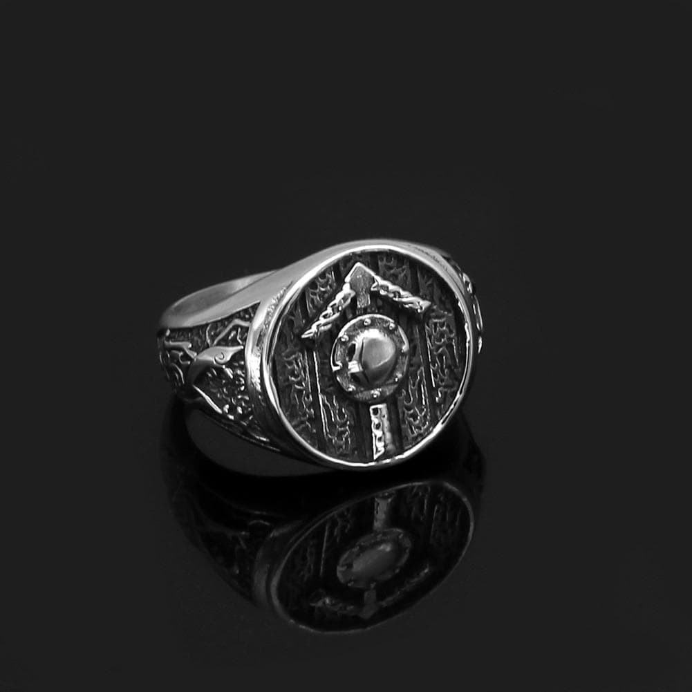 Stainless steel Tiwaz rune signet ring, engraved shield center with rope border